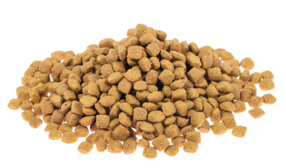 dry pet food isolated on white background. close up. top view. blank for designers