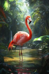 Fototapeta premium Colorful flamingo standing gracefully in a serene jungle pool surrounded by lush greenery during bright afternoon light. Generative AI