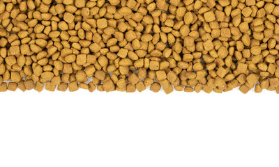 dry pet food isolated on white background. close up. top view. blank for designers