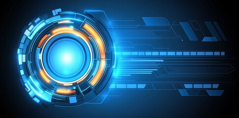 Abstract background with glowing circular elements and digital lines, creating futuristic and technological feel. vibrant blue and orange colors enhance modern aesthetic