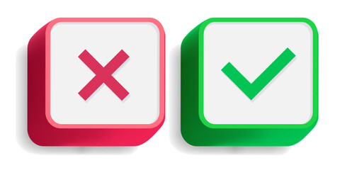 Check mark and cross button set 3d style. Acceptance, rejection and attention symbol vector 10 eps