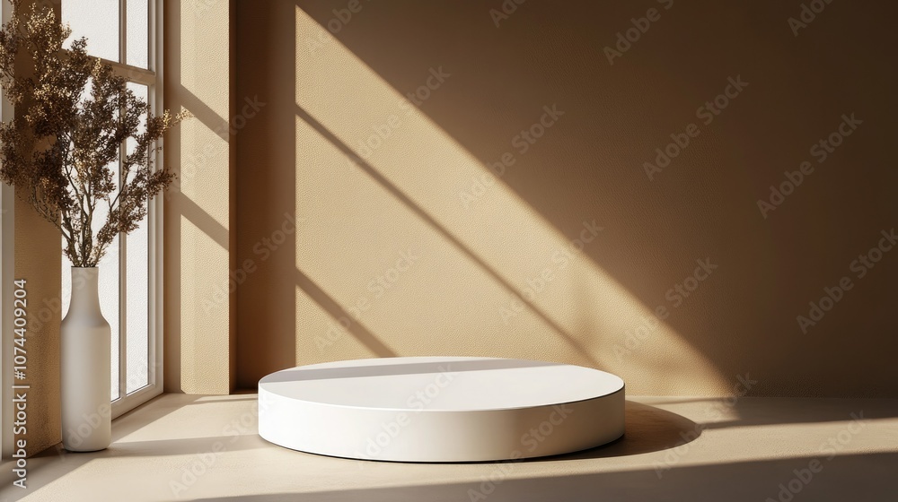 Poster elegant, circular 3d product platform with subtle shadows, creating a high-end, modern presentation 
