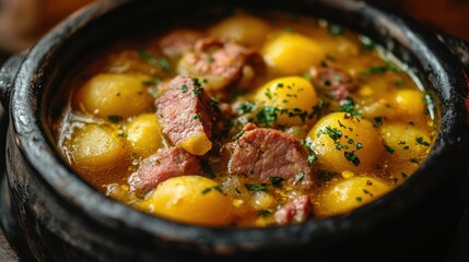 Close-up of a rustic stew. A hearty and flavorful dish, perfect for showcasing rustic comfort food.