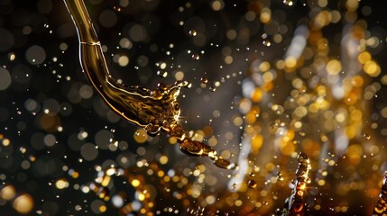 Macro photograph of golden liquid drops with scattered light particles creating bokeh effect