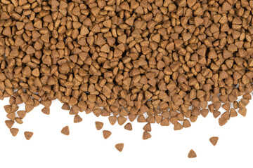 dry pet food isolated on white background. close up. top view. blank for designers