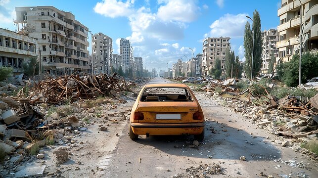 The post apocalyptic ruined city was a haunting landscape of collapsed buildings, twisted metal, and rubble strewn streets