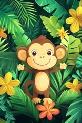 Naklejka premium A cheerful monkey stands among vibrant jungle foliage, showcasing a joyful moment in its natural habitat during daylight. Generative AI