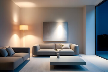 Fototapeta premium Minimalist modernized interior decoration of a living room at night