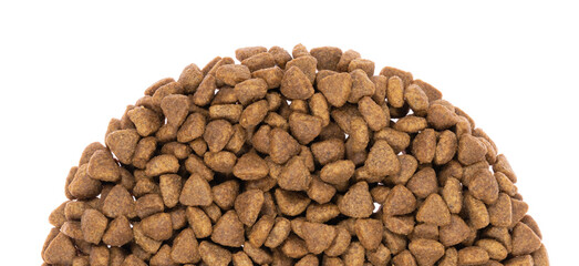 dry pet food isolated on white background. close up. top view. blank for designers