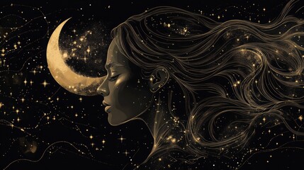 A mystical profile of a woman with celestial golden elements like moon phases and stars, combining high-detail and minimalist flat design, evoking cosmic elegance and spiritual connection.