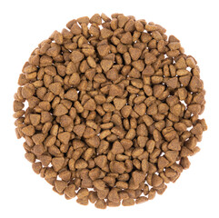 dry pet food isolated on white background. close up. top view. blank for designers