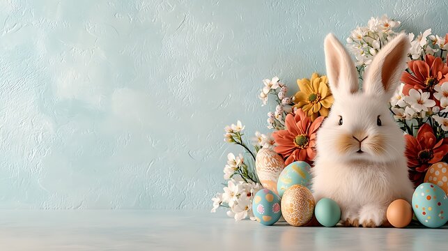 Description: A festive Easter mock up featuring a pastel colored background with vibrant spring flowers, colorful Easter eggs, and a fluffy bunny
