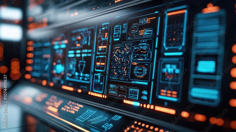 Poster futuristic control panel with glowing screens and data displays.