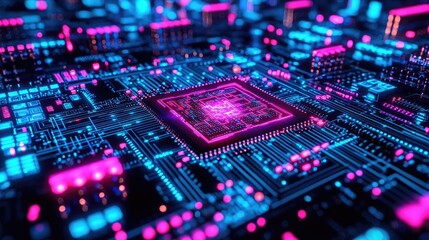 Obraz premium Futuristic circuit board with vibrant neon lights.