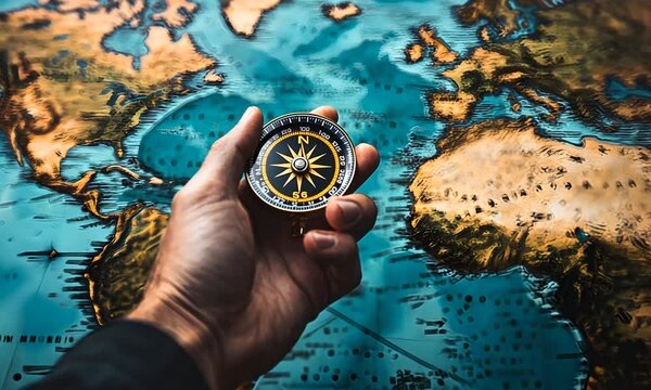 A hand holds a compass over a colorful world map, symbolizing exploration and navigation. The map features detailed geographical outlines and vibrant colors.