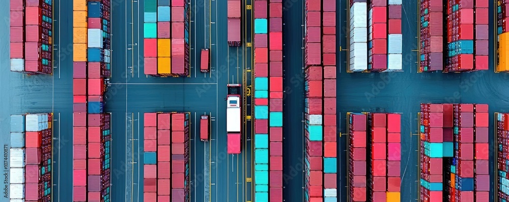 Poster aerial view of colorful shipping containers stacked in a port.
