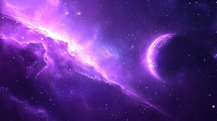 Obraz premium Vibrant purple abstract space with shining stardust, luminous nebula, realistic milky way galaxy, and distant planet in the background