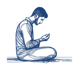 sketch illustration of a male moslem is praying - view from side (artwork 1)