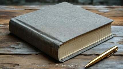 A closed book and a pen on a wooden surface, suggesting study.