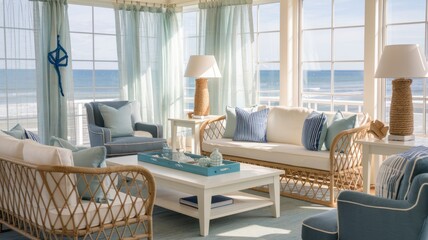 Coastal-Themed Living Room with Nautical Decor, Ocean Views, and Relaxed Wicker Seating
