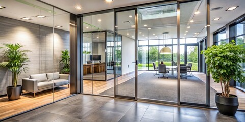 Fototapeta premium Spacious Office Entrance with Double Glass Doors, Professional Ambiance, and Welcoming Design for Modern Workspaces, Ideal for Corporate Settings and Business Environments