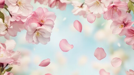 Soft pink cherry blossoms drifting in air, isolated background, spring grace.