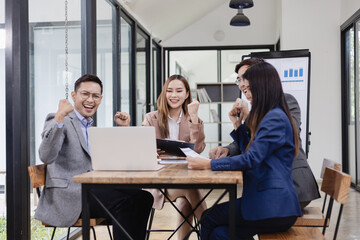 Asian business teamwork working with analysis report and advisor showing plan, Financial analysis and Marketing teamwork concept.