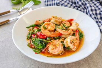 Homemade  stir fried Thai basil with shrimp ,pad ka praow kung,  