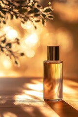 Aesthetic skincare oil bottle placed on a warm wooden surface with a soft-focus background, light reflecting off the surface, leaving ample area for custom text