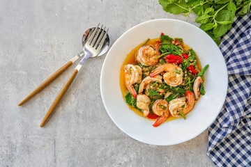 Homemade  stir fried Thai basil with shrimp ,pad ka praow kung, top view 