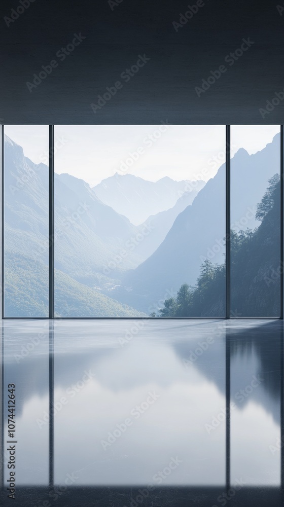 Poster A large window in a room with a view of mountains