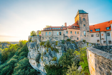 Village Hohnstein with Hohnstein castle and medieval half-timbered houses. Medieval building in Saxon Switzerland