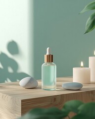 Elegant oil bottle with a dropper on a wooden table, accompanied by spa elements like candles and smooth stones, isolated on a pastel mint background, with room for text