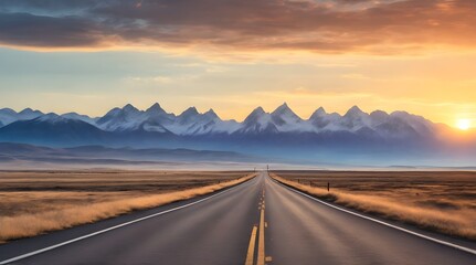 Naklejka premium A scenic view of a long empty road stretching between majestic mountains.generative.ai