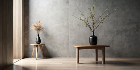 Stylish Minimalistic Interior with Black Vase and Floral Arrangement on Wooden Table and Concrete Pedestal Against Wall - Modern Home Decor Inspiration