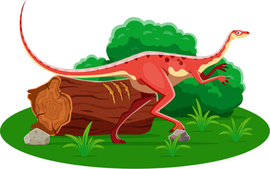 Alvarezsaurus prehistoric dinosaur character. Isolated vector red bipedal herbivore dino animal with orange spots at lush green landscape with fallen log, surrounded by rocks, grass and green foliage