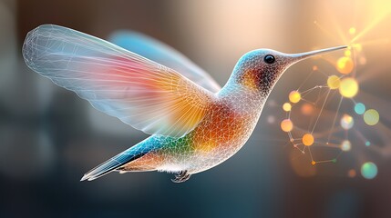 The abstract 3D view of a hummingbirds iridescent feathers created by generative AI showcases a vivid array of colors and intricate patterns