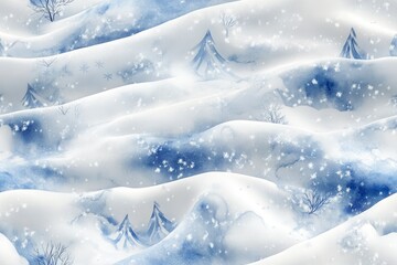 Abstract winter landscape with blue hues and falling snowflakes.
