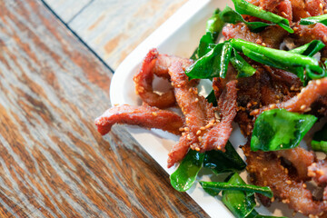 Fried sun-dried pork food.  Thai Street food