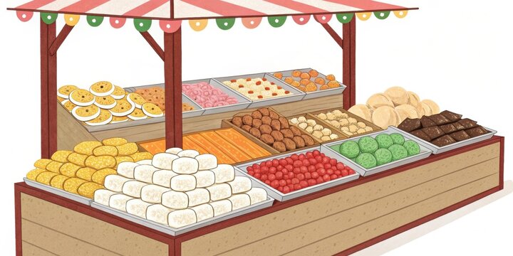 Snacks and Sweets An illustration of a stall filled with traditional sweets and snacks such as rice cakes and candied fruits neatly arranged and colorful enticing customers from