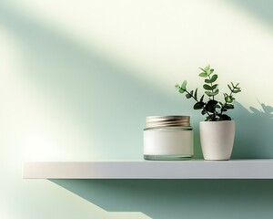 Premium skincare cream in a glass jar, placed on a simple white bathroom shelf, with natural light highlighting the product, isolated on a soft mint green background with room for personalized