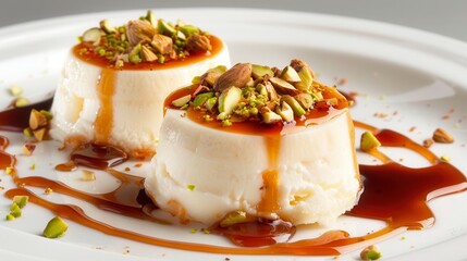A creamy dessert topped with pistachios and drizzled with sweet syrup, served on a white plate, showcasing an enticing culinary treat.