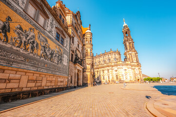 Fürstenzug near Hausmannsturm Dresden Castle (Residenzschloss). Dresden, Saxony, Germany.
