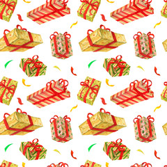 Seamless pattern of gift boxes with ribbons, freely flying, complemented by colorful confetti. Bright festive ornament for wrapping paper, wallpaper and holiday textiles.