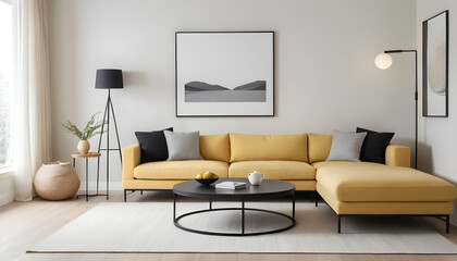 modern and elegant living room interior featuring minimalist furniture, a cozy sofa and stylish decor, ideal for architectural concepts or luxury home design and staging projects