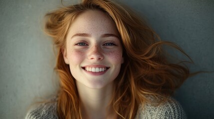 A young woman with freckles smiles warmly at the camera. Her red hair is styled in loose waves, adding to her relaxed and charming look.