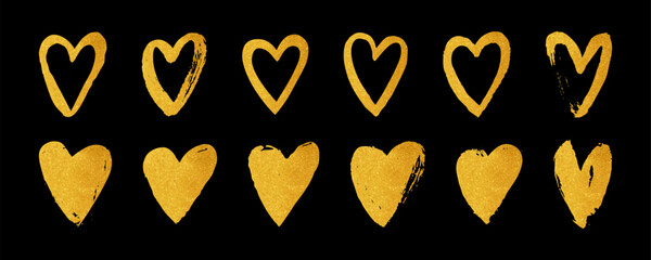 Valentine day gold hearts set. Golden texture hand drawn doodle heart icon collection. Glittering paint brush stroke calligraphy elements. Modern Valentine's foil love symbols pack. Luxurious design