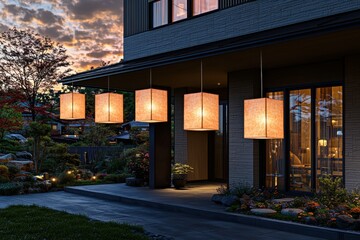 Obraz premium Modern House Exterior Evening Illuminated Lanterns Asian Style Home Decor