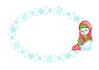 Oval frame of snowflakes and toddler snowman girl character. Watercolor horizontal background template for cards, plates or shopping bag designs. Decorative winter border with empty place for text