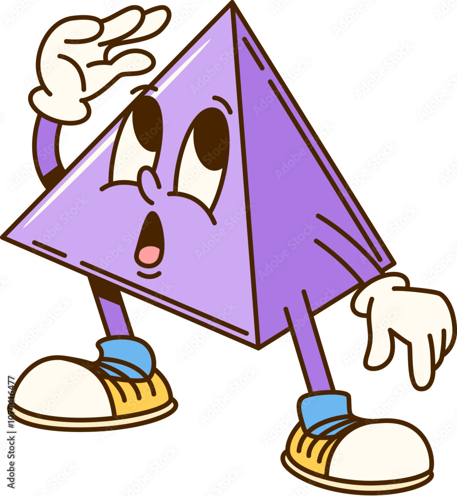 Aufkleber groovy math geometric pyramid figure character. isolated cartoon vector playful and lively education